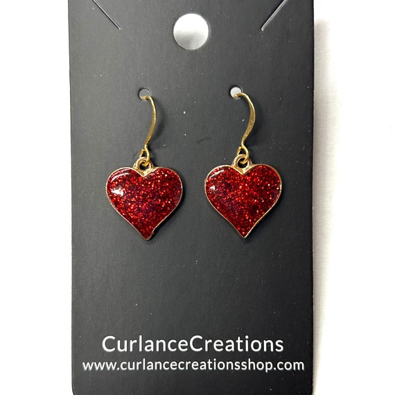 Red Glitter Heart Dangle Earrings