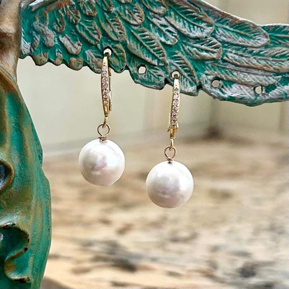 CZ Lever Back Freshwater Baroque Pearl Earrings