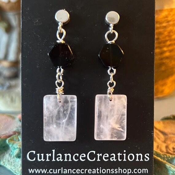 Rose Quartz and Black Obsidian Dangle Earrings