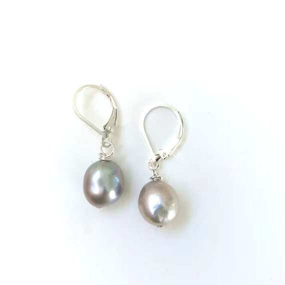 Gray Baroque Pearl Sterling Silver Dangle Earrings