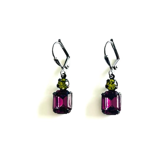Amethyst and Olive Swarovski Rhinestone Dangle Earrings