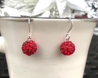 Sparkly Red Pave Crystal Ball Dangle Earrings