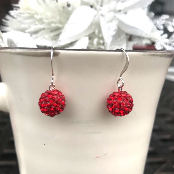 Sparkly Red Pave Crystal Ball Holiday Dangle Earrings