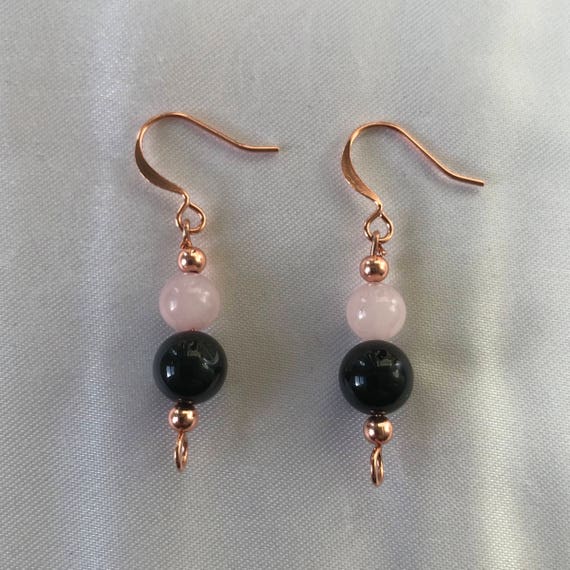 Black Onyx and Rose Quartz Dangle Earrings