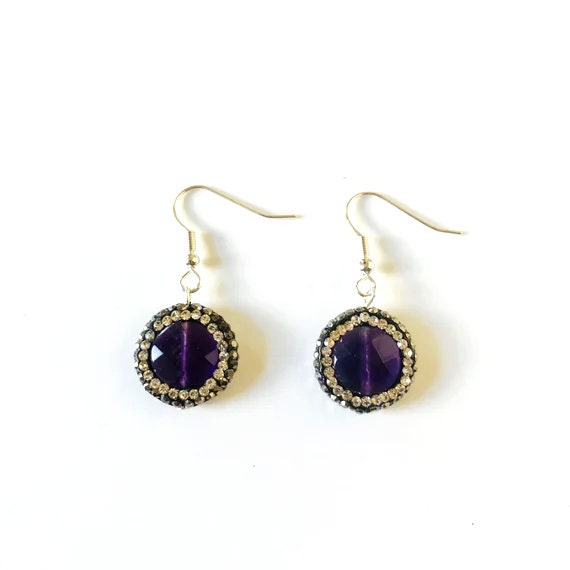 Amethyst Druzy and Rhinestone Sterling Silver Dangle Earrings