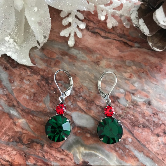 Holiday Sparkly Emerald Green and Red Swarovski Dangle Earrings