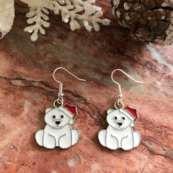 Polar Bear Enamel Christmas Dangle Earrings