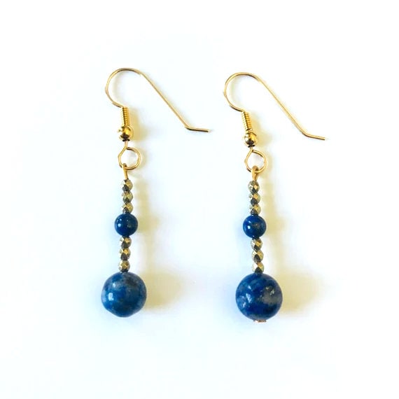 Lapis Lazuli and Pyrite Gold Filled Dangle Earrings