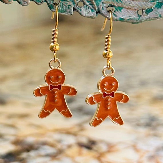 Christmas Gingerbread Man Enamel Dangle Earrings
