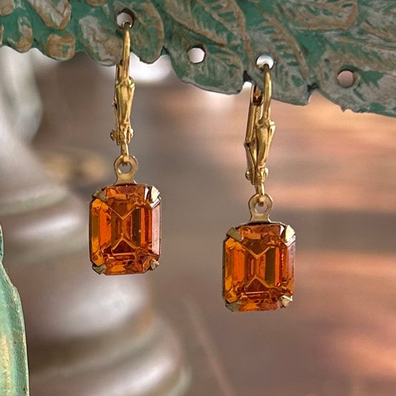 Dark Topaz Octagon Faceted Glass Dangle Earrings