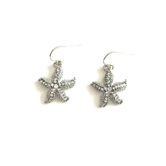 Silver Rhinestone Starfish Dangle Earrings