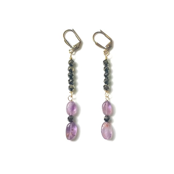 Amethyst and Gold Hematite Dangle Earrings