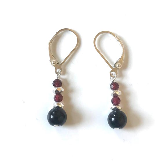 Black Onyx and Garnet Sterling Silver Dangle Earrings