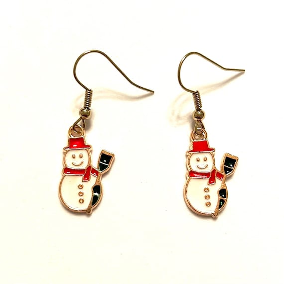 Christmas Snow Man Enamel Dangle Earrings