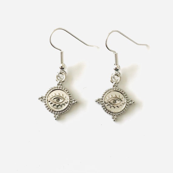 Silver Etruscan Evil Eye Dangle Earrings