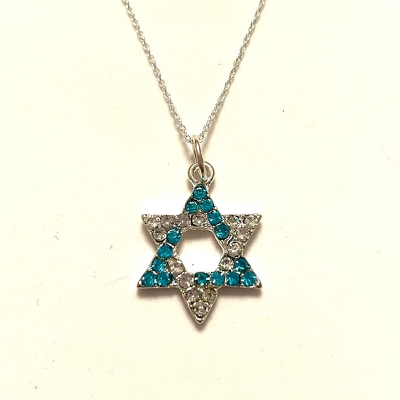 Blue and clear Crystal Rhinestone Hanukkah Star of David Pendant Necklace