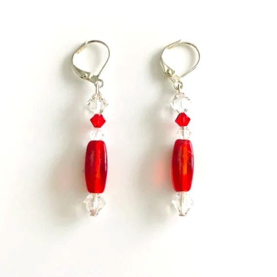 Stylish Swarovski and Red Glass Dangle Earrings