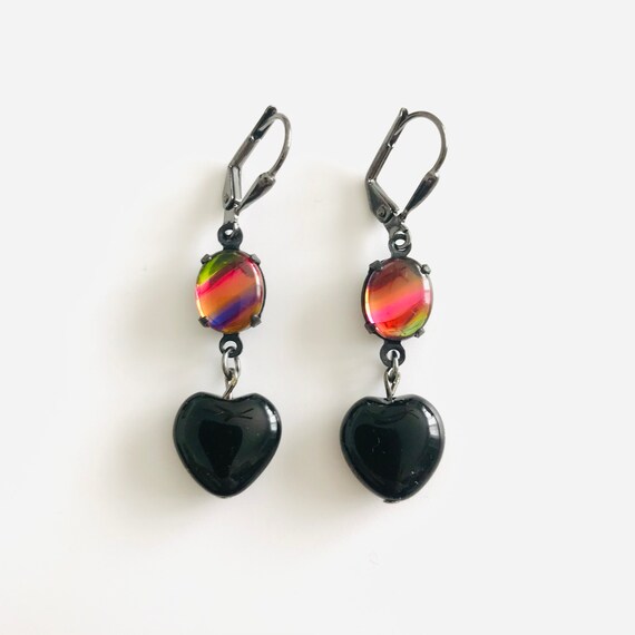 Black Onyx Heart and Rainbow Glass Dangle Earrings