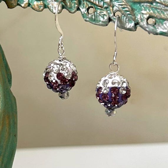 Purple and Silver Crystal Ball Rhinestone Dangle Earrings