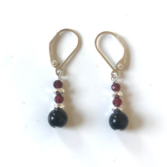 Black Onyx and Garnet Dangle Earrings