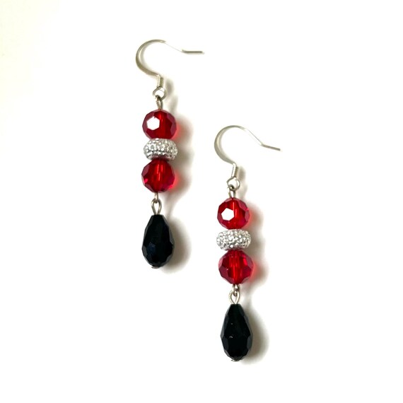 Black and Red Glass with Silver Rhinestone Dangle Earrings