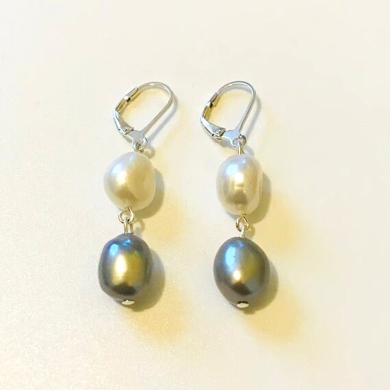 Elegant White and Gray Baroque Pearl Dangle Earrings