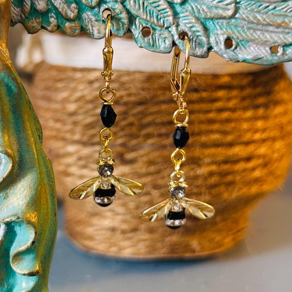 Gold Bee Black Enamel Charm Earrings