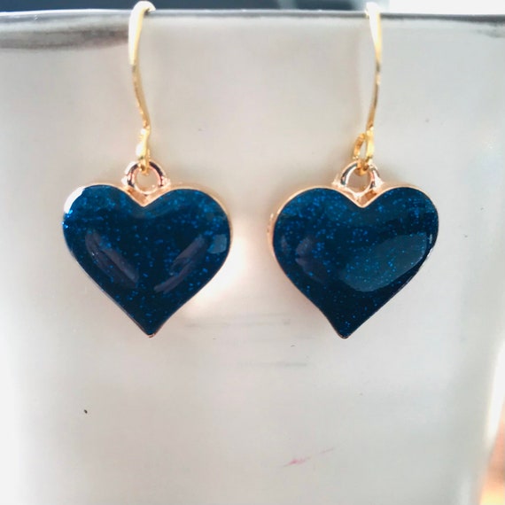 Blue Glitter Heart Dangle Earrings