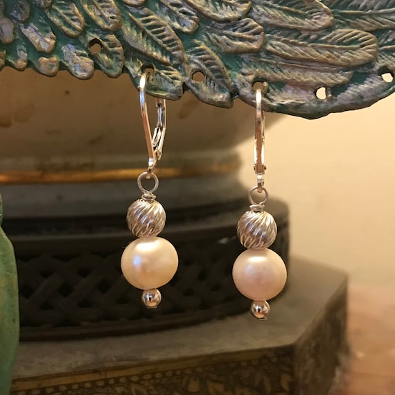 Freshwater Pearl Twisted Corrugated Sterling Silver Ball  Dangle Earrings