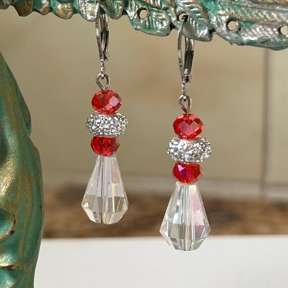 Faceted Red and AB Crystal and Rhinestone Dangle Earrings