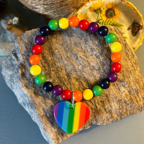PRIDE Rainbow Beaded Stretch Bracelet with Heart