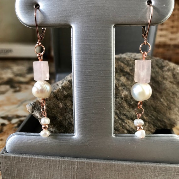 Pearls with Rose Quartz Rose Gold Filled Dangle Earrings