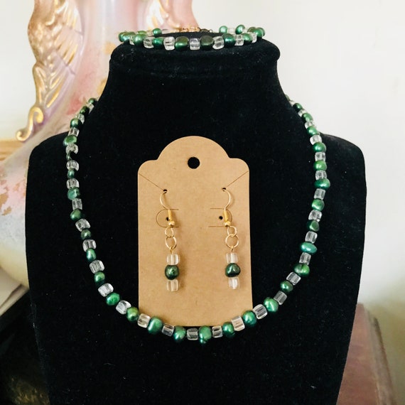 Green Freshwater Pearl and Crystal Necklace, Bracelet and Earrings Set