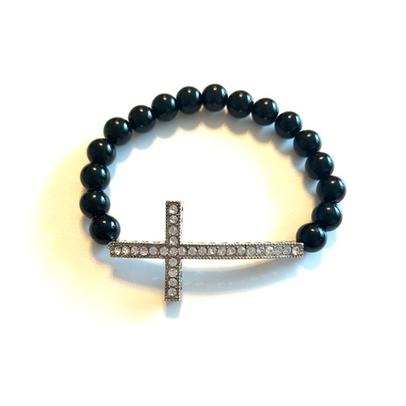 Black Onyx Rhinestone Cross Stretch Bracelet