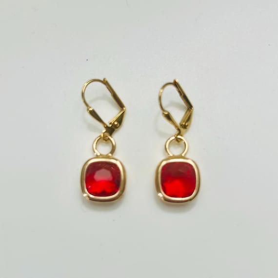 Ruby Red Faceted Glass Dangle Earrings
