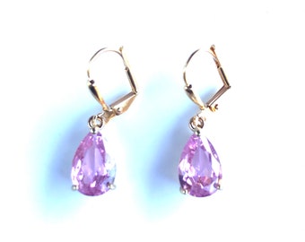 Pink Faceted Glass Teardrop Bezel Set Faceted Glass Dangle Earrings