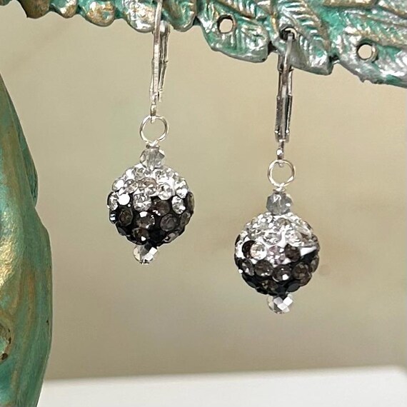 Black and Silver Crystal Ball Rhinestone Dangle Earrings