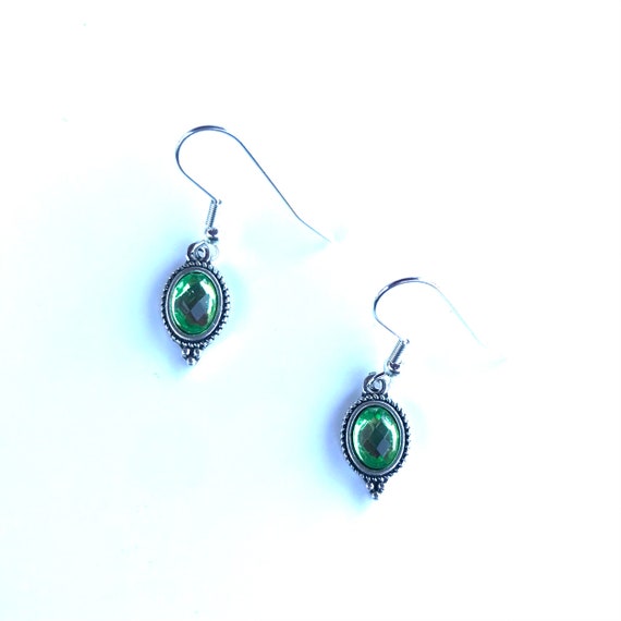 Faceted Green Glass Bezel Set Antique Silver Dangle Earrings