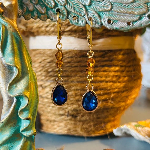 Blue Sapphire Glass Charm Bezel Set Dangle Earrings