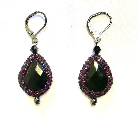 Circle Me Purple Black Agate and Druzy Rhinestone Dangle Earrings