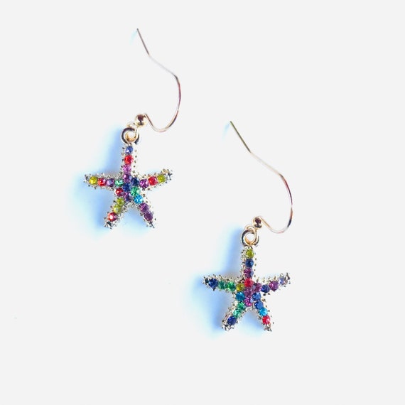 Multicolored Rhinestone Starfish Dangle Earrings