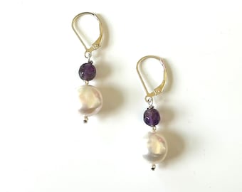 Boucles d'oreilles en argent sterling avec perle baroque blanche et améthyste