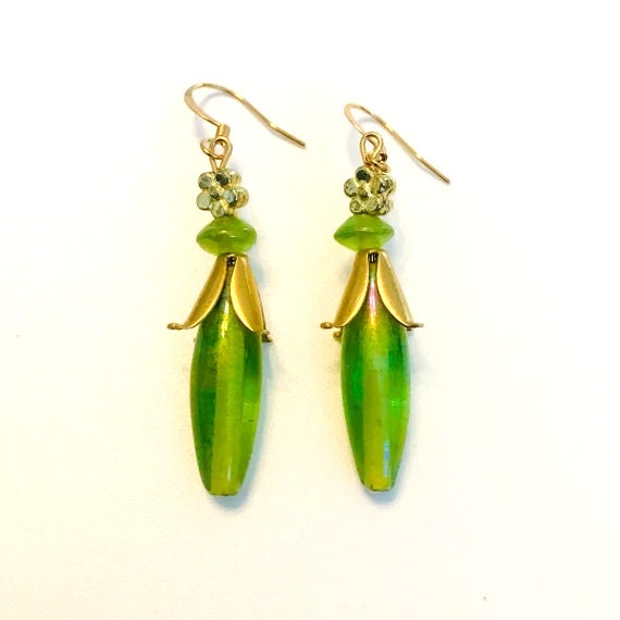 Lime Green Glass Flower Dangle Earrings