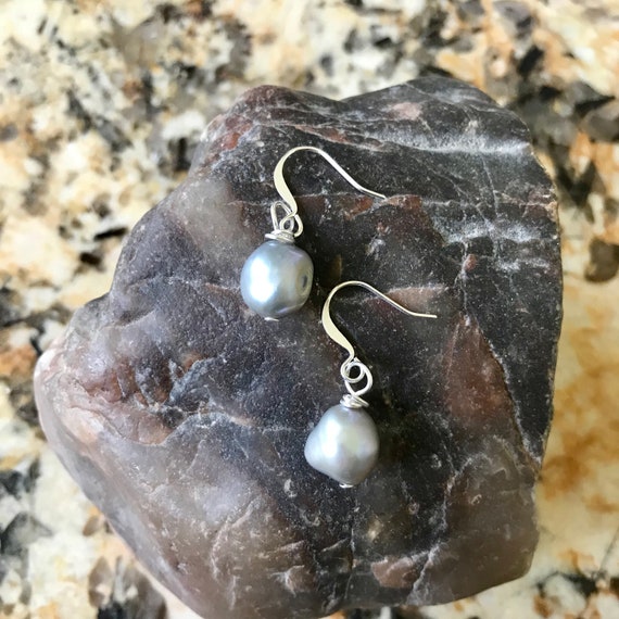 Grey Baroque Freshwater Pearl Dangle Earrings
