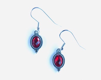 Faceted Red Glass Bezel Set Antique Silver Dangle Earrings