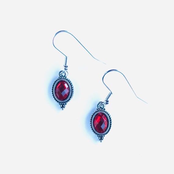 Faceted Red Glass Bezel Set Antique Silver Dangle Earrings