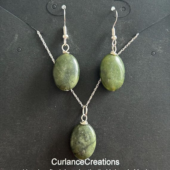 Oval Connemara Marble Earrings and Pendant Sterling Silver Set
