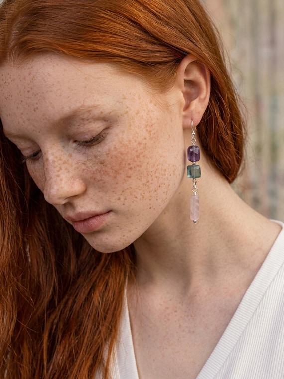 Elegant Purple and Blue Fluorite Dangle Earrings