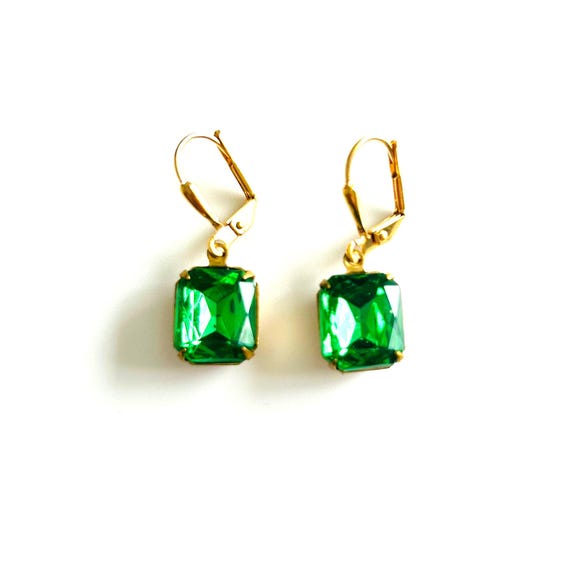 Peridot Green Octagon Faceted Glass Dangle Earrings
