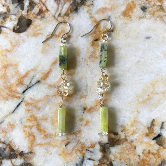 Citrine and Serpentine Glass Long Dangle Earrings